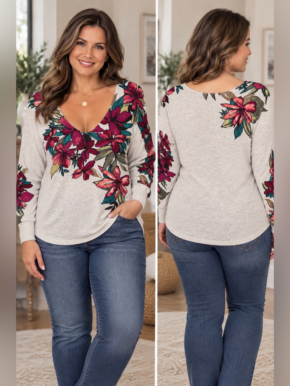 Chico’s Size 2 Large Floral V-Neck Lightweight Pullover Sweater. Autumn